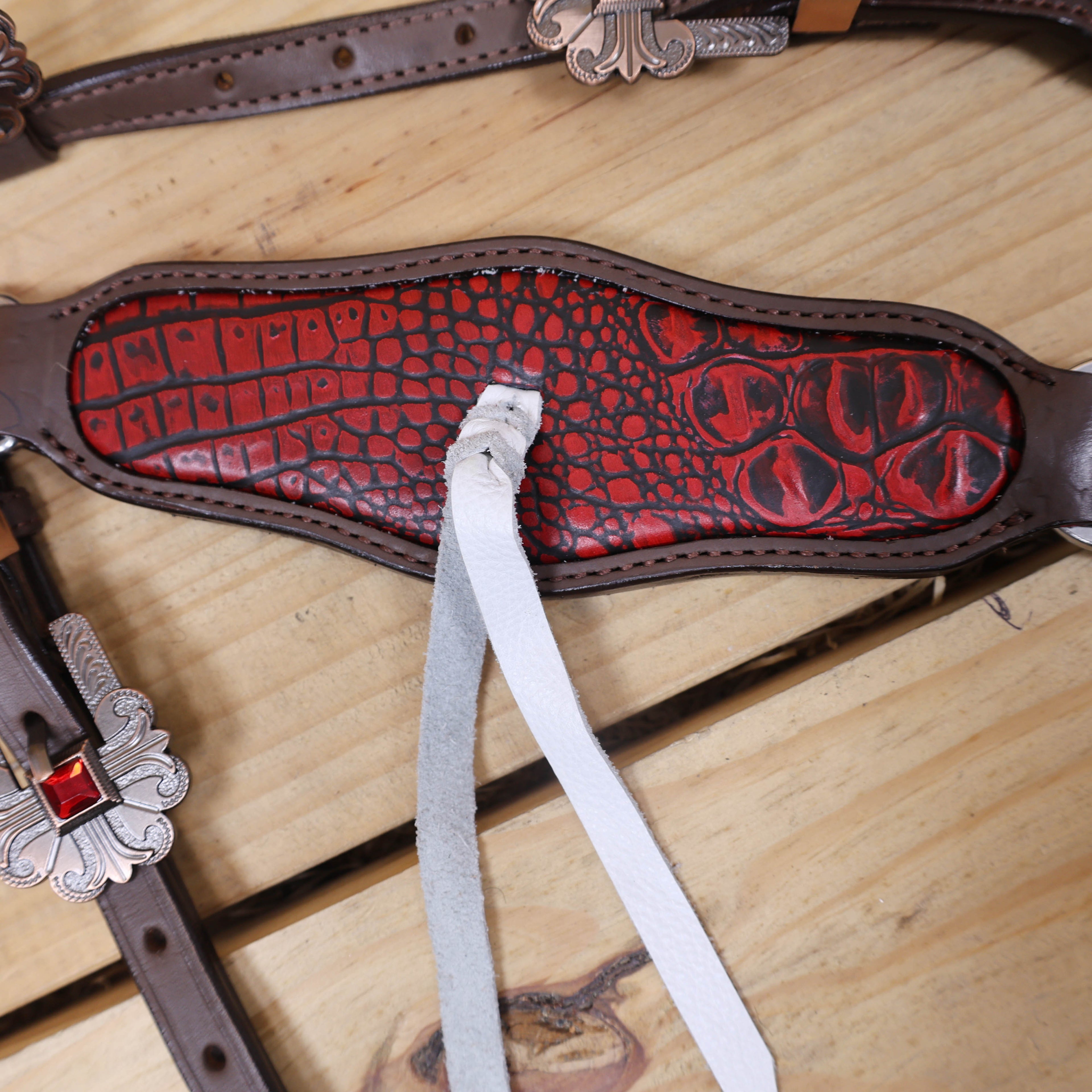 Western Horse Headstall Set Decorated with Alligator Skin Textured Leather Inlay, Carved Playing Card, Dice, and Poker Chips with Leather Leashes MOUSM