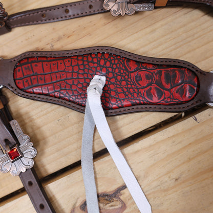 Western Horse Headstall Set Decorated with Alligator Skin Textured Leather Inlay, Carved Playing Card, Dice, and Poker Chips with Leather Leashes MOUSM