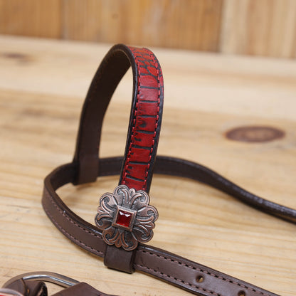 Western Horse Headstall Set Decorated with Alligator Skin Textured Leather Inlay, Carved Playing Card, Dice, and Poker Chips with Leather Leashes MOUSM