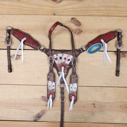 Western Horse Headstall Set Decorated with Alligator Skin Textured Leather Inlay, Carved Playing Card, Dice, and Poker Chips with Leather Leashes MOUSM