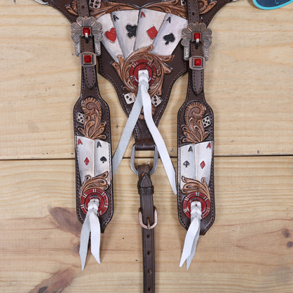 Western Horse Headstall Set Decorated with Alligator Skin Textured Leather Inlay, Carved Playing Card, Dice, and Poker Chips with Leather Leashes MOUSM