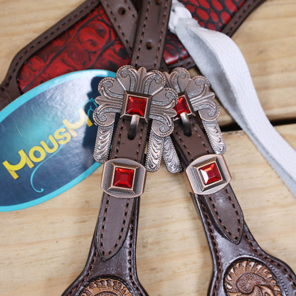 Western Horse Headstall Set Decorated with Alligator Skin Textured Leather Inlay, Carved Playing Card, Dice, and Poker Chips with Leather Leashes MOUSM