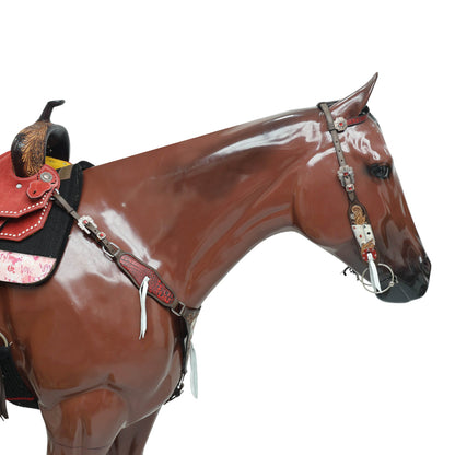 Western Horse Headstall Set Decorated with Alligator Skin Textured Leather Inlay, Carved Playing Card, Dice, and Poker Chips with Leather Leashes MOUSM