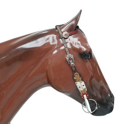 Western Horse Headstall Set Decorated with Alligator Skin Textured Leather Inlay, Carved Playing Card, Dice, and Poker Chips with Leather Leashes MOUSM