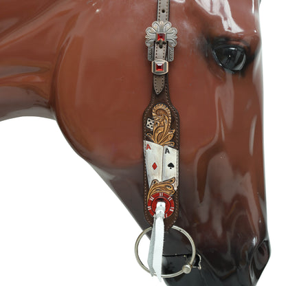 Western Horse Headstall Set Decorated with Alligator Skin Textured Leather Inlay, Carved Playing Card, Dice, and Poker Chips with Leather Leashes MOUSM