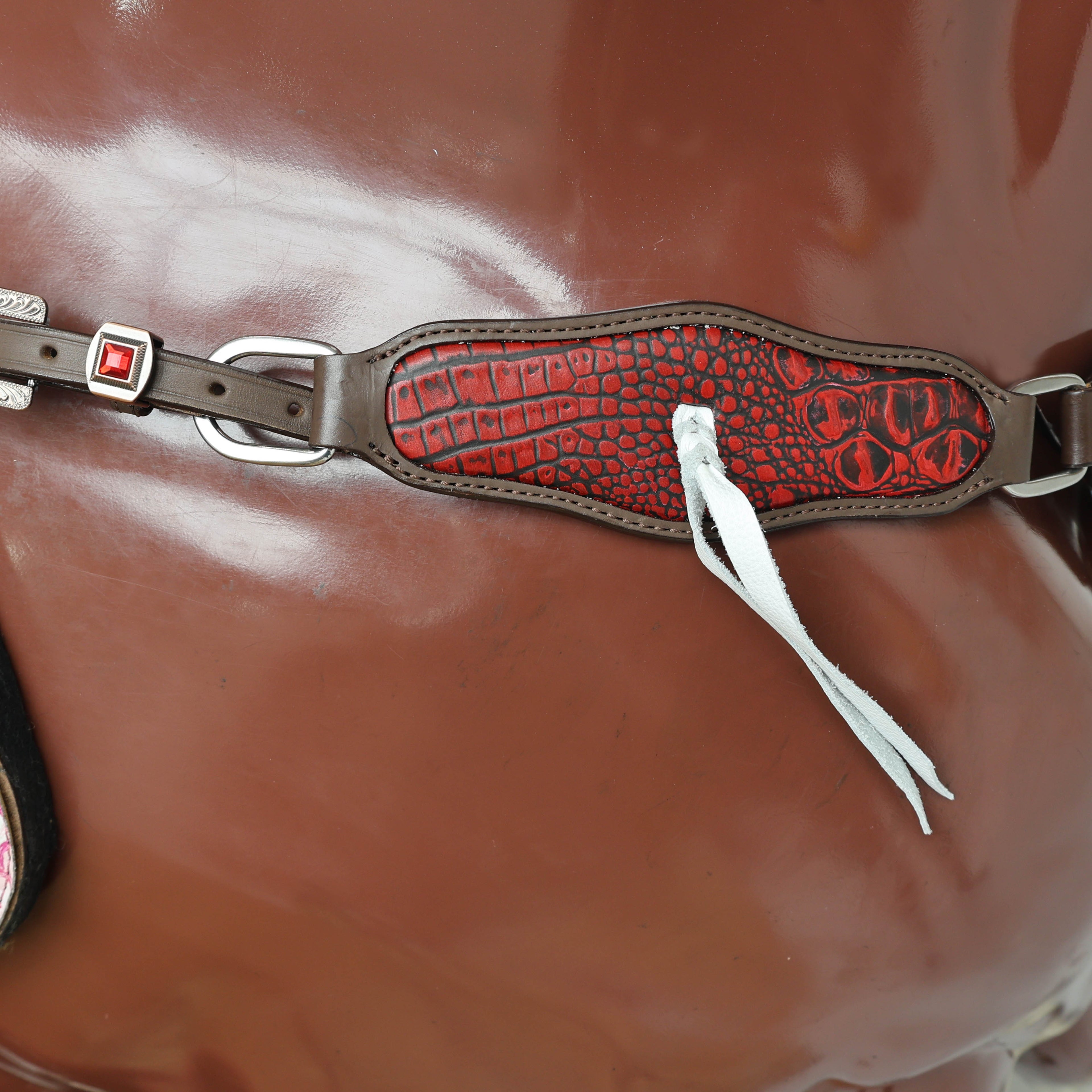 Western Horse Headstall Set Decorated with Alligator Skin Textured Leather Inlay, Carved Playing Card, Dice, and Poker Chips with Leather Leashes MOUSM