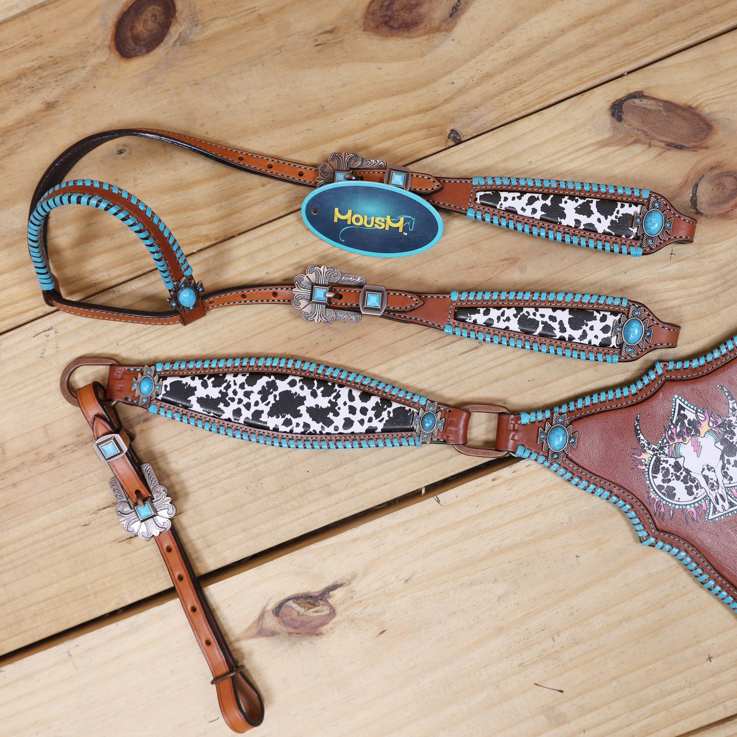 Western One Ear Headstall Set Decorated with Cowhide Printed Inlay and Steer Head on Gladiator Breast Collar, Turquoise Rawhide Stitching MOUSM