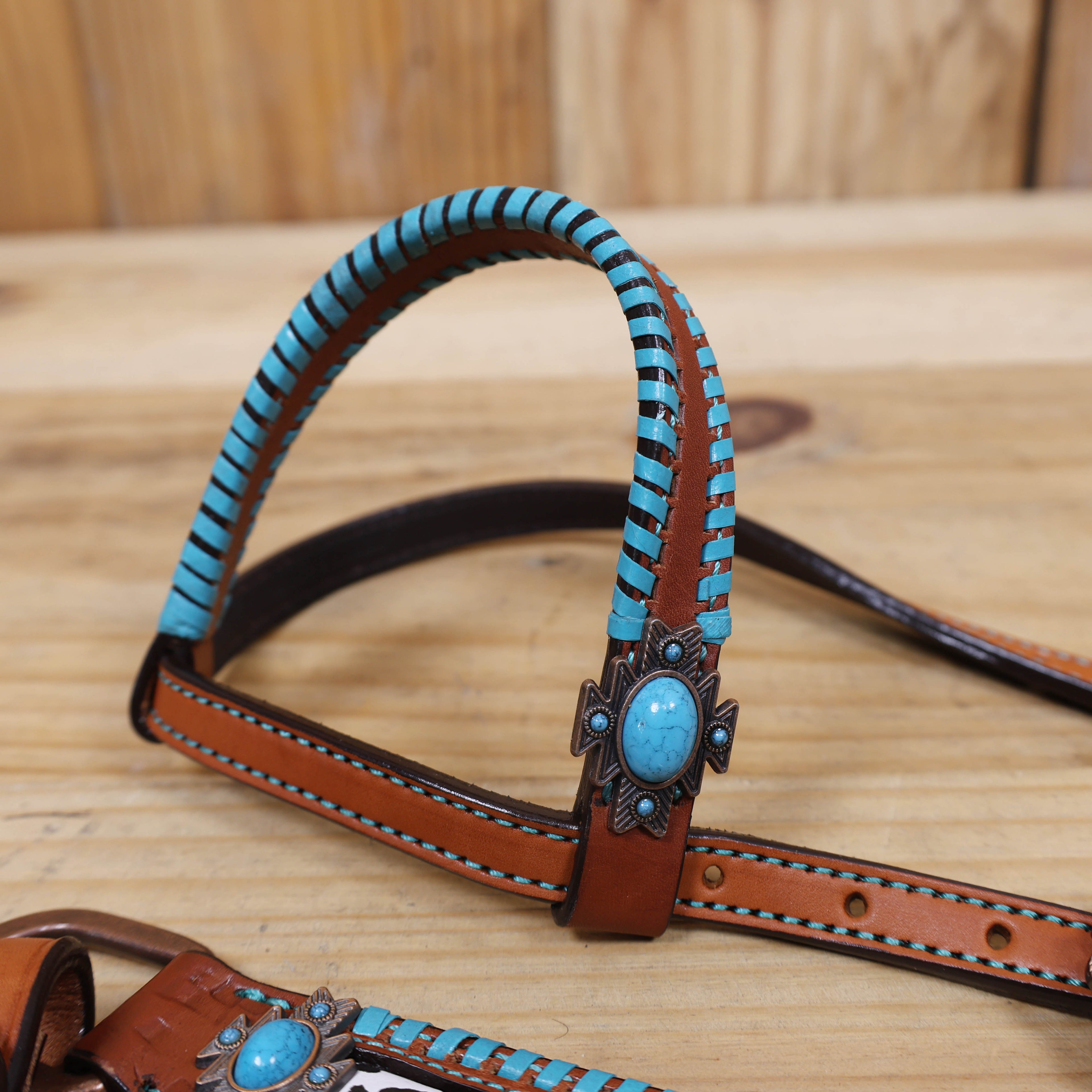 Western One Ear Headstall Set Decorated with Cowhide Printed Inlay and Steer Head on Gladiator Breast Collar, Turquoise Rawhide Stitching MOUSM