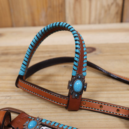 Western One Ear Headstall Set Decorated with Cowhide Printed Inlay and Steer Head on Gladiator Breast Collar, Turquoise Rawhide Stitching MOUSM