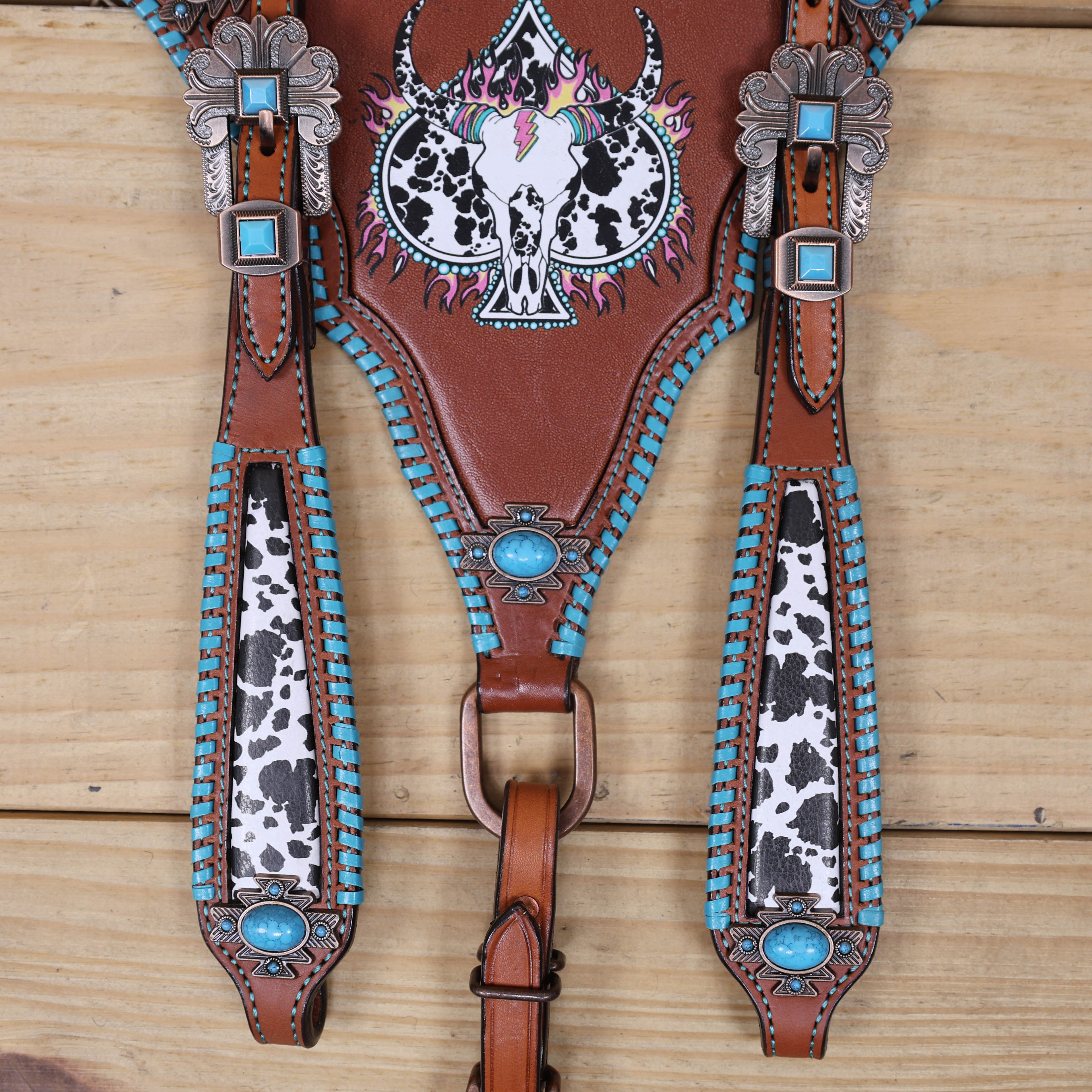 Western One Ear Headstall Set Decorated with Cowhide Printed Inlay and Steer Head on Gladiator Breast Collar, Turquoise Rawhide Stitching MOUSM