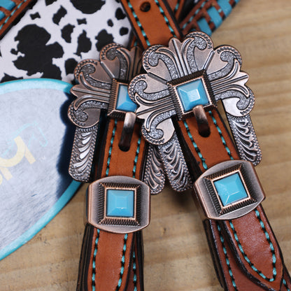Western One Ear Headstall Set Decorated with Cowhide Printed Inlay and Steer Head on Gladiator Breast Collar, Turquoise Rawhide Stitching MOUSM