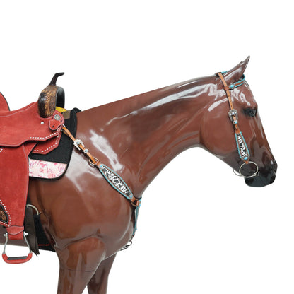 Western One Ear Headstall Set Decorated with Cowhide Printed Inlay and Steer Head on Gladiator Breast Collar, Turquoise Rawhide Stitching MOUSM
