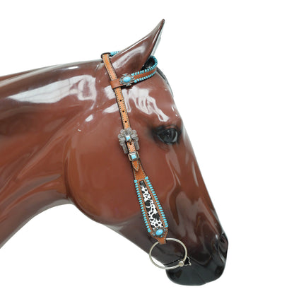 Western One Ear Headstall Set Decorated with Cowhide Printed Inlay and Steer Head on Gladiator Breast Collar, Turquoise Rawhide Stitching MOUSM