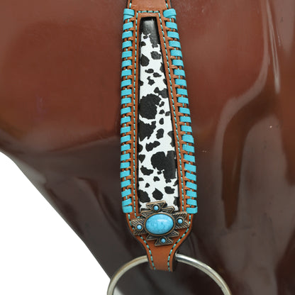 Western One Ear Headstall Set Decorated with Cowhide Printed Inlay and Steer Head on Gladiator Breast Collar, Turquoise Rawhide Stitching MOUSM