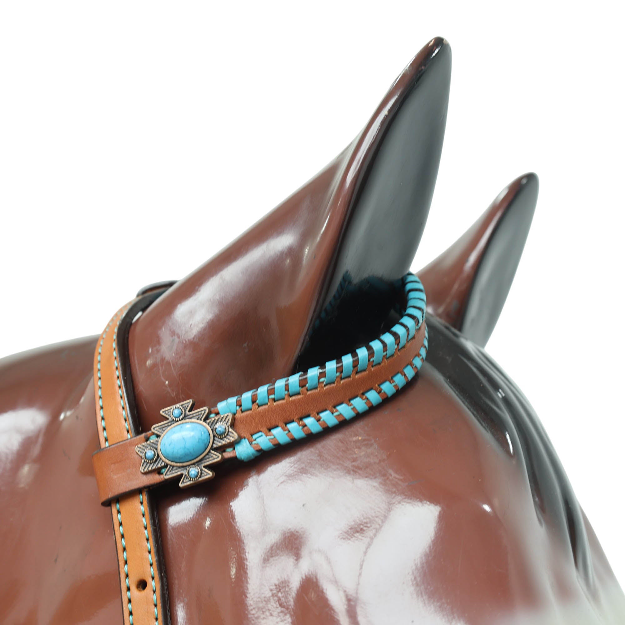 Western One Ear Headstall Set Decorated with Cowhide Printed Inlay and Steer Head on Gladiator Breast Collar, Turquoise Rawhide Stitching MOUSM