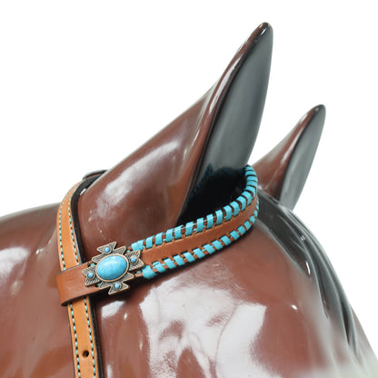 Western One Ear Headstall Set Decorated with Cowhide Printed Inlay and Steer Head on Gladiator Breast Collar, Turquoise Rawhide Stitching MOUSM