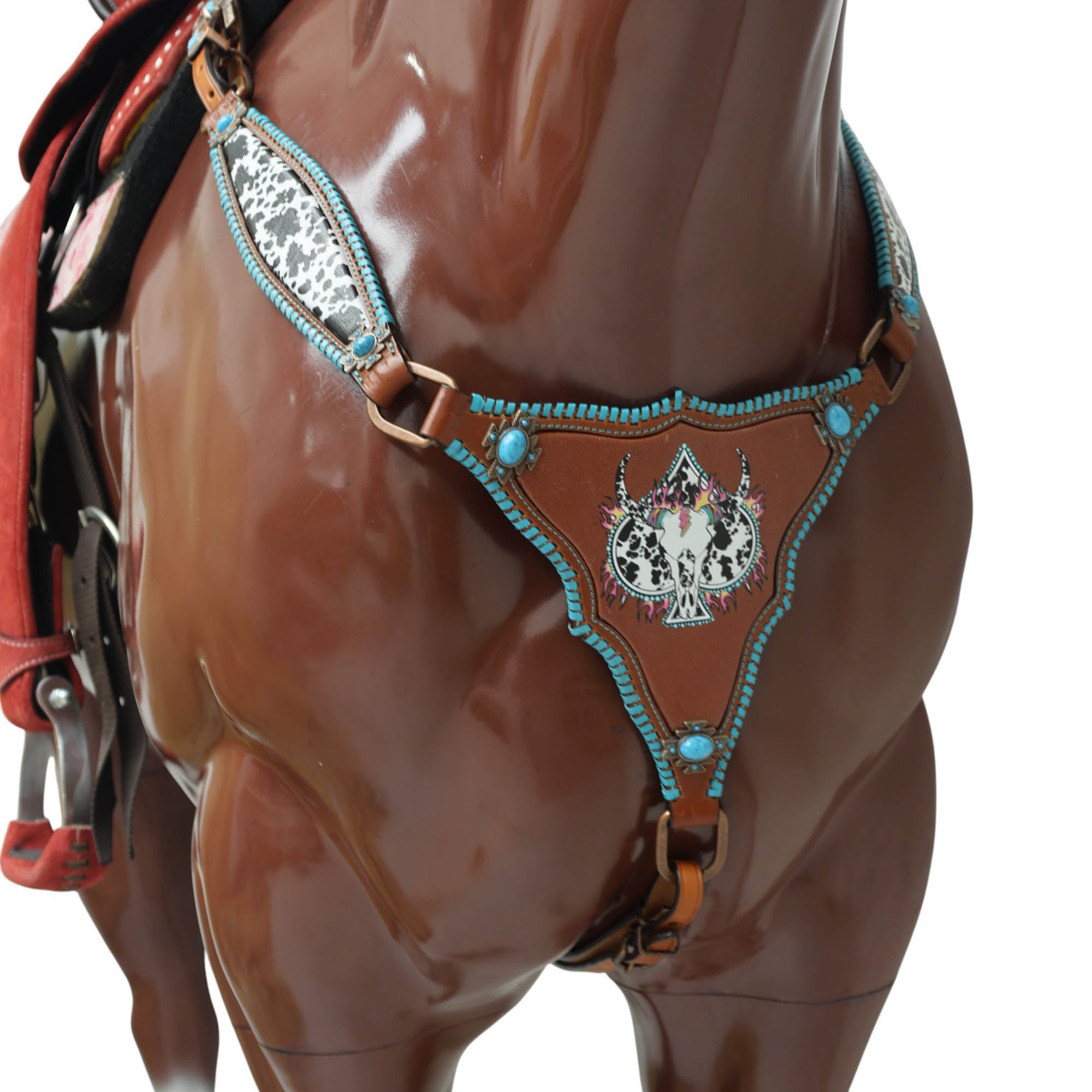 Western One Ear Headstall Set Decorated with Cowhide Printed Inlay and Steer Head on Gladiator Breast Collar, Turquoise Rawhide Stitching MOUSM