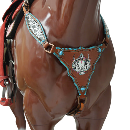 Western One Ear Headstall Set Decorated with Cowhide Printed Inlay and Steer Head on Gladiator Breast Collar, Turquoise Rawhide Stitching MOUSM