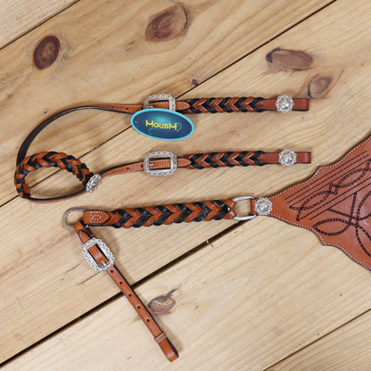 Western Headstall Set Decorated with Twisted Leather Braiding on Cheekpiece and One Ear, Cowboy Boot Engraved Gladiator Breast Collar MOUSM