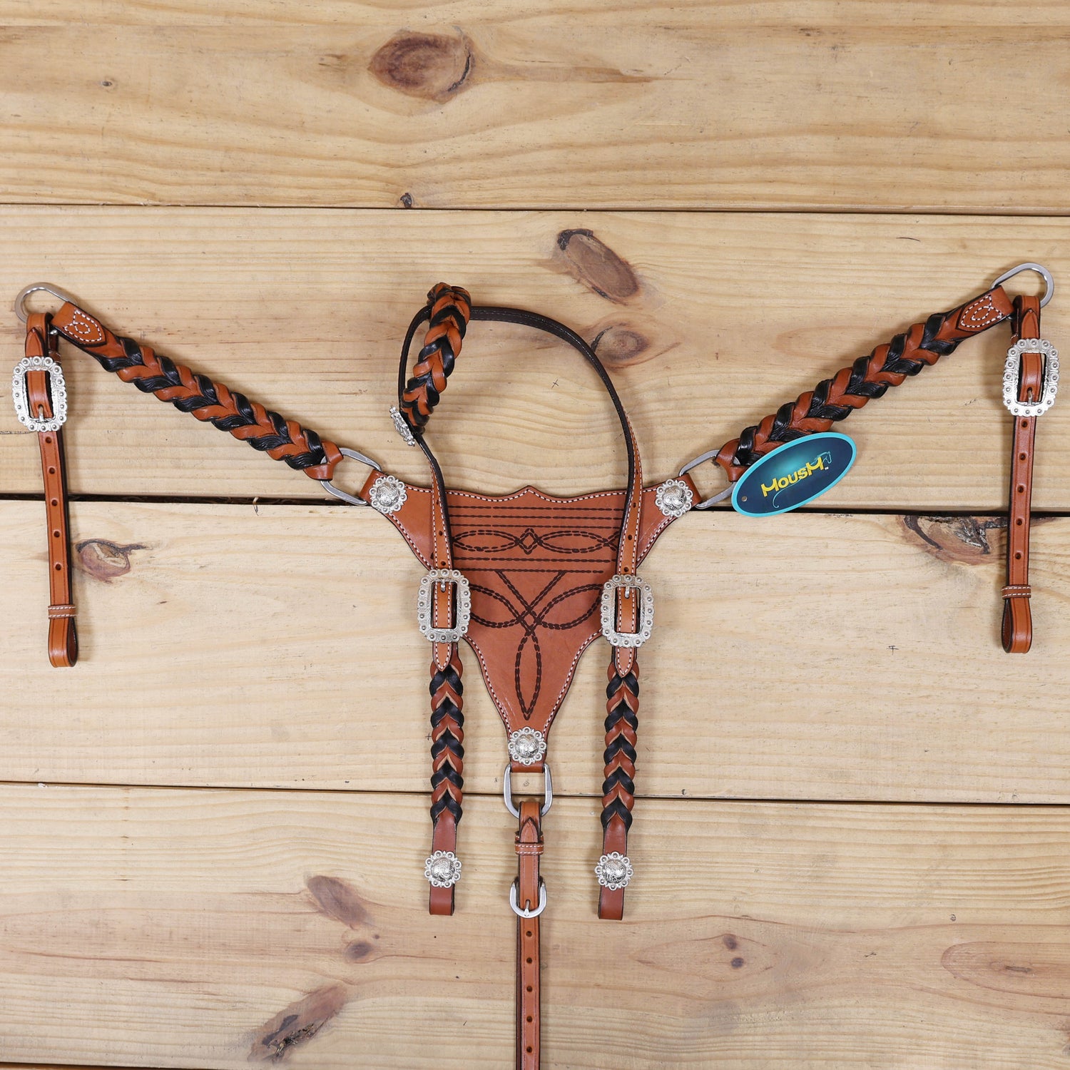 Western Headstall Set Decorated with Twisted Leather Braiding on Cheekpiece and One Ear, Cowboy Boot Engraved Gladiator Breast Collar MOUSM