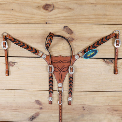 Western Headstall Set Decorated with Twisted Leather Braiding on Cheekpiece and One Ear, Cowboy Boot Engraved Gladiator Breast Collar MOUSM