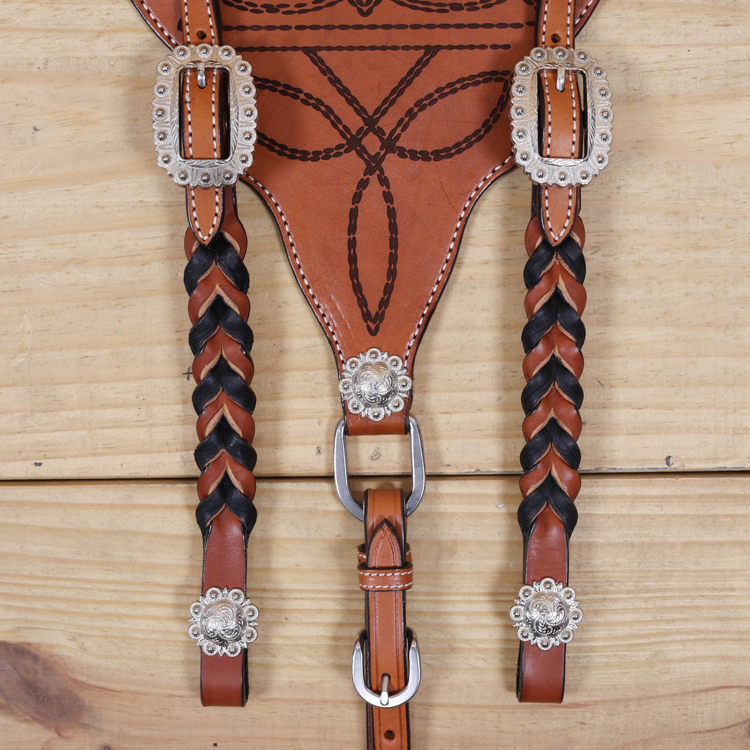 Western Headstall Set Decorated with Twisted Leather Braiding on Cheekpiece and One Ear, Cowboy Boot Engraved Gladiator Breast Collar MOUSM