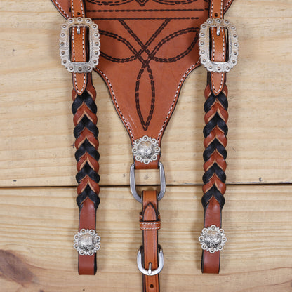 Western Headstall Set Decorated with Twisted Leather Braiding on Cheekpiece and One Ear, Cowboy Boot Engraved Gladiator Breast Collar MOUSM