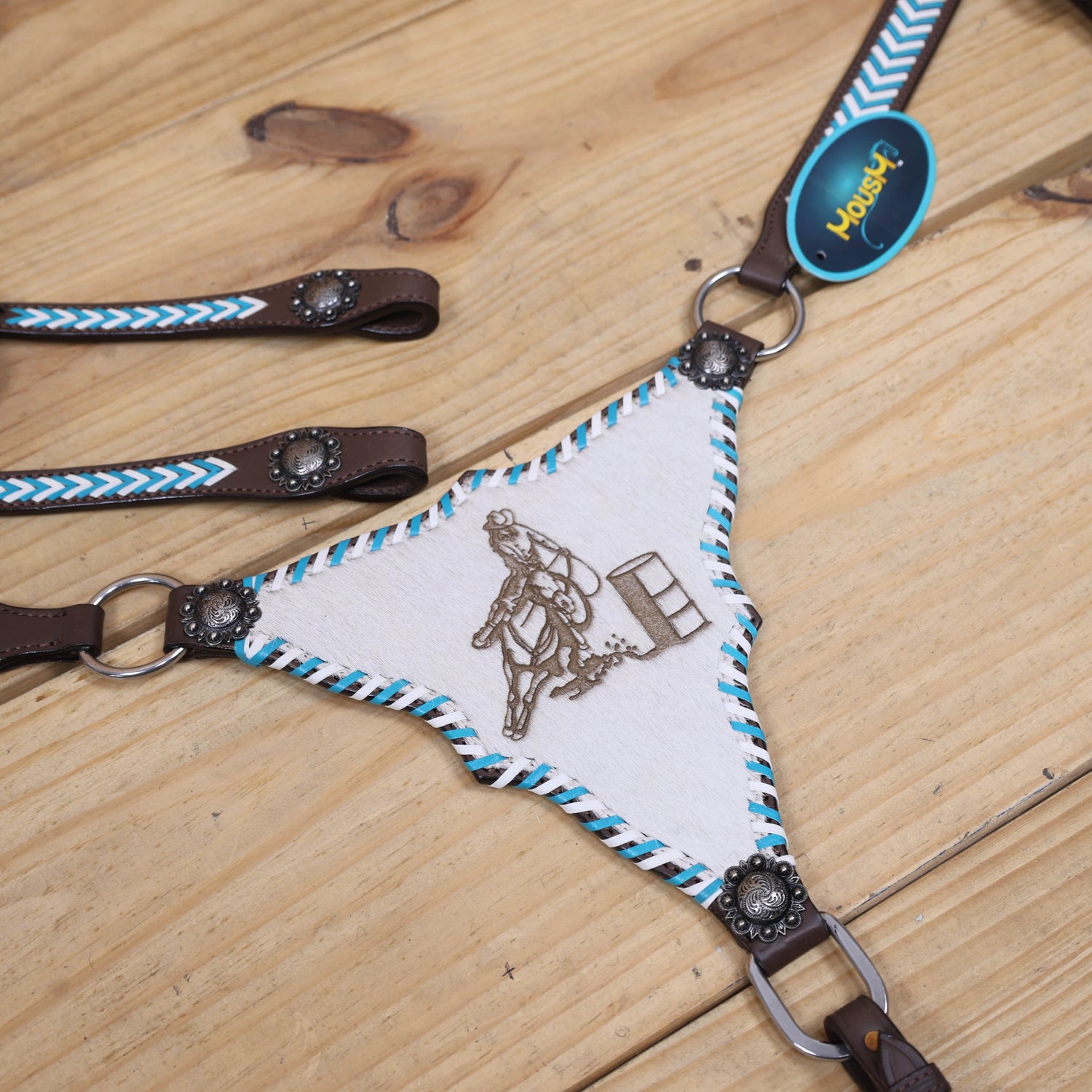 Western Leather Horse Headstall and Breast Collar Set Decorated with Arrow Style Teal and White Rawhide Stitching with Racer Motif Engraving MOUSM