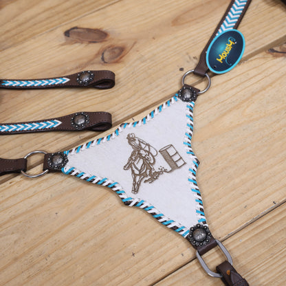 Western Leather Horse Headstall and Breast Collar Set Decorated with Arrow Style Teal and White Rawhide Stitching with Racer Motif Engraving MOUSM