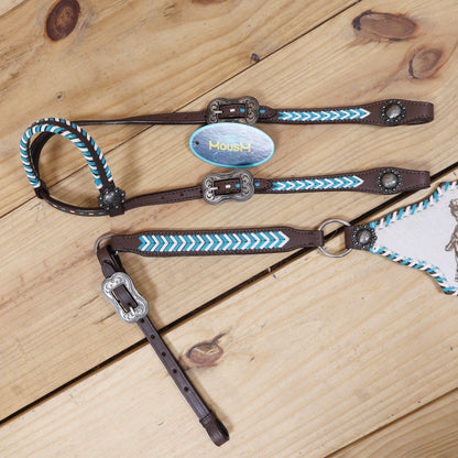 Western Leather Horse Headstall and Breast Collar Set Decorated with Arrow Style Teal and White Rawhide Stitching with Racer Motif Engraving MOUSM
