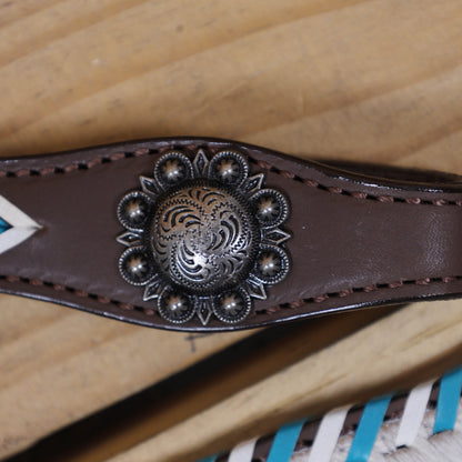 Western Leather Horse Headstall and Breast Collar Set Decorated with Arrow Style Teal and White Rawhide Stitching with Racer Motif Engraving MOUSM