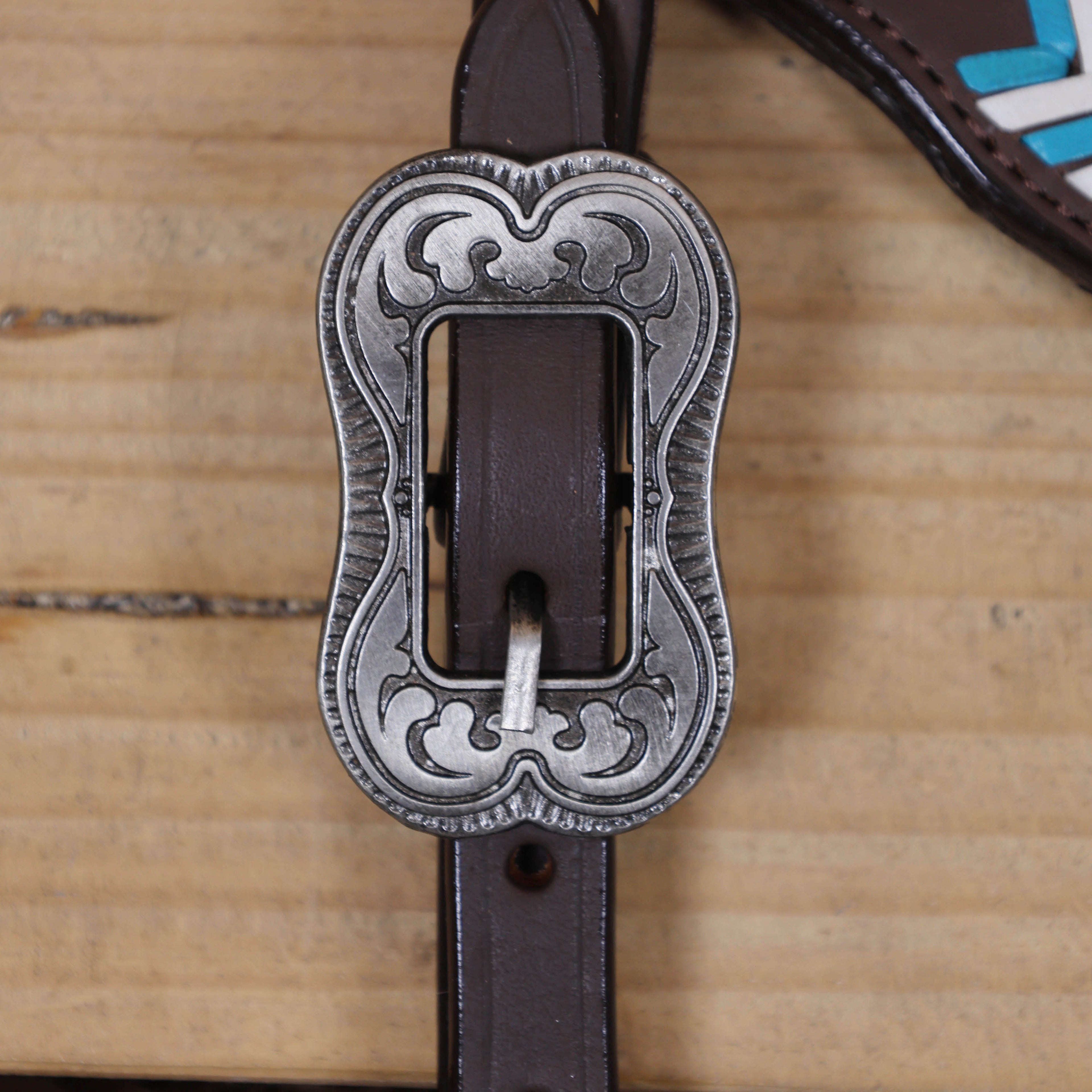 Western Leather Horse Headstall and Breast Collar Set Decorated with Arrow Style Teal and White Rawhide Stitching with Racer Motif Engraving MOUSM