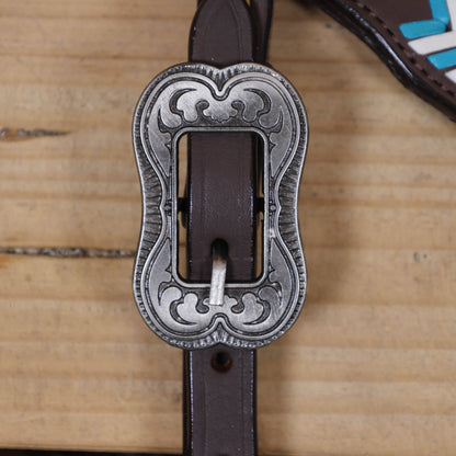 Western Leather Horse Headstall and Breast Collar Set Decorated with Arrow Style Teal and White Rawhide Stitching with Racer Motif Engraving MOUSM