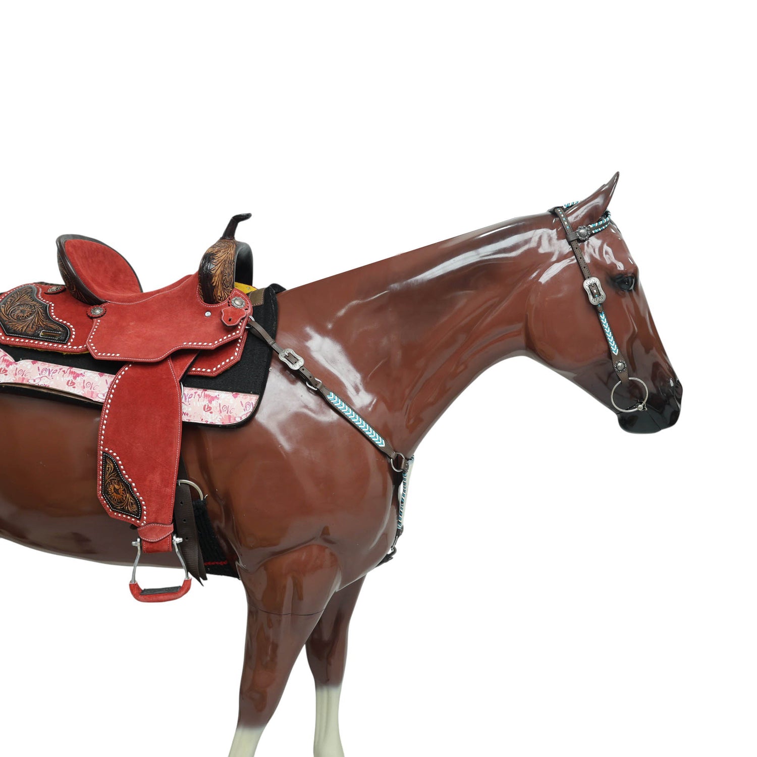 Western Leather Horse Headstall and Breast Collar Set Decorated with Arrow Style Teal and White Rawhide Stitching with Racer Motif Engraving MOUSM