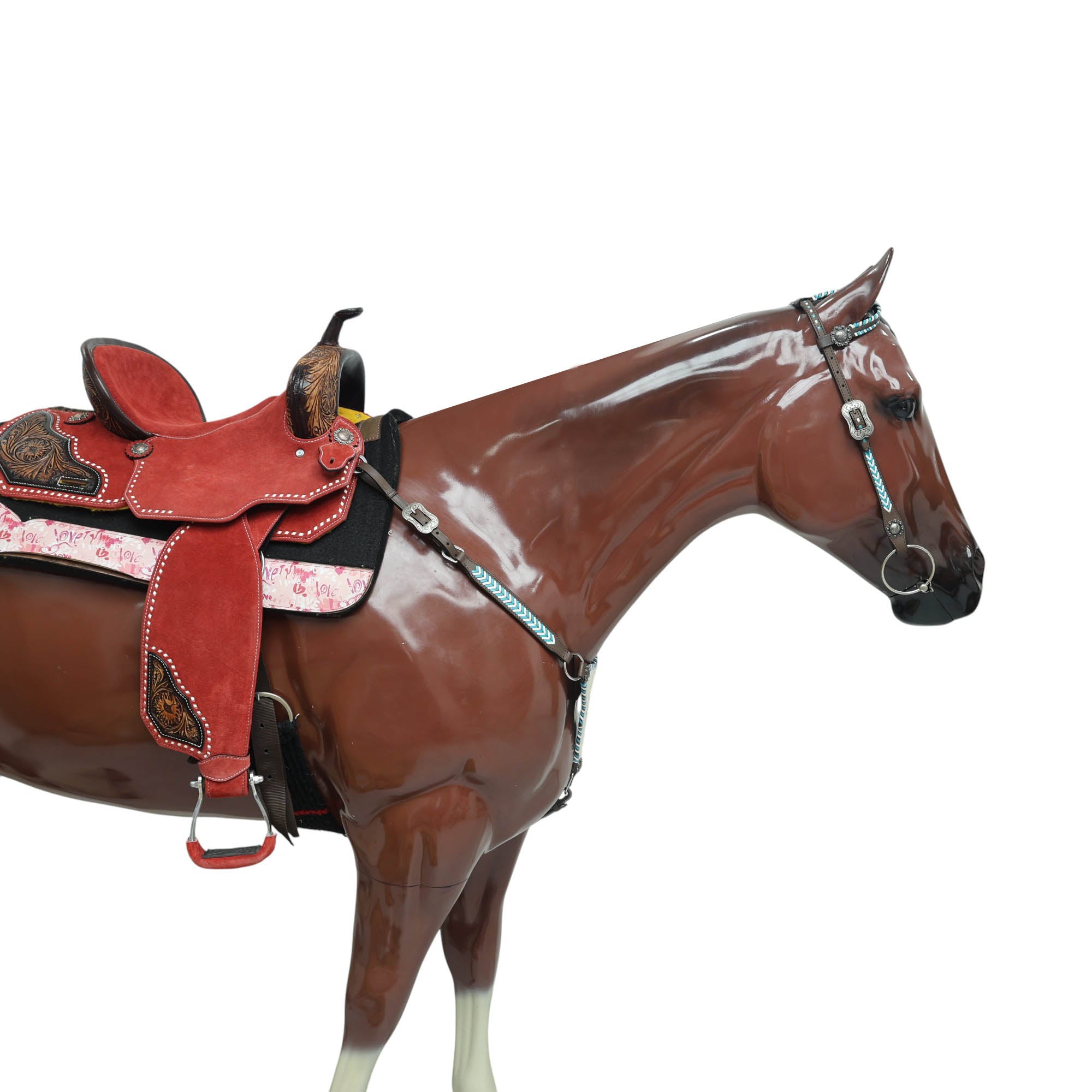 Western Leather Horse Headstall and Breast Collar Set Decorated with Arrow Style Teal and White Rawhide Stitching with Racer Motif Engraving MOUSM