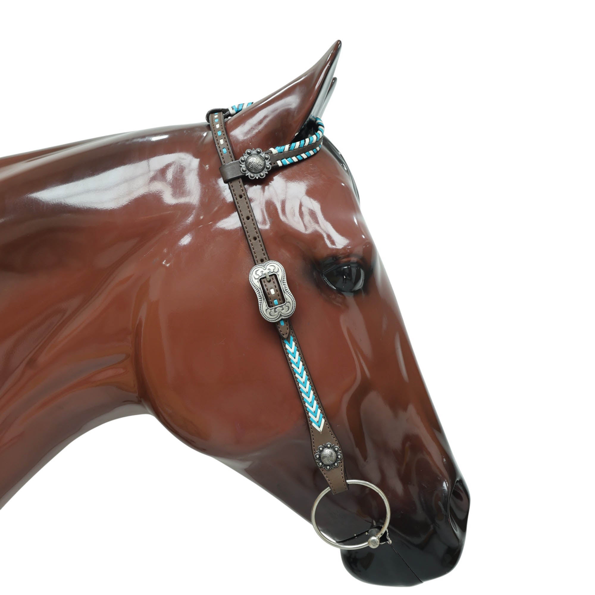 Western Leather Horse Headstall and Breast Collar Set Decorated with Arrow Style Teal and White Rawhide Stitching with Racer Motif Engraving MOUSM