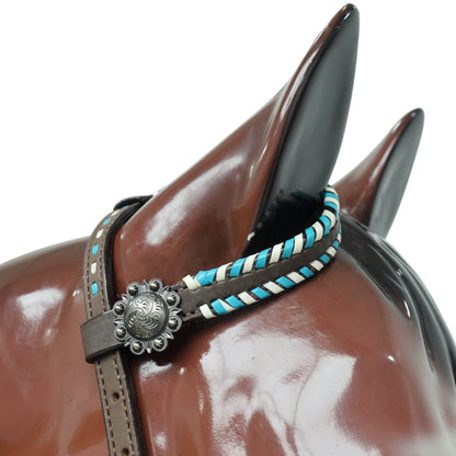 Western Leather Horse Headstall and Breast Collar Set Decorated with Arrow Style Teal and White Rawhide Stitching with Racer Motif Engraving MOUSM