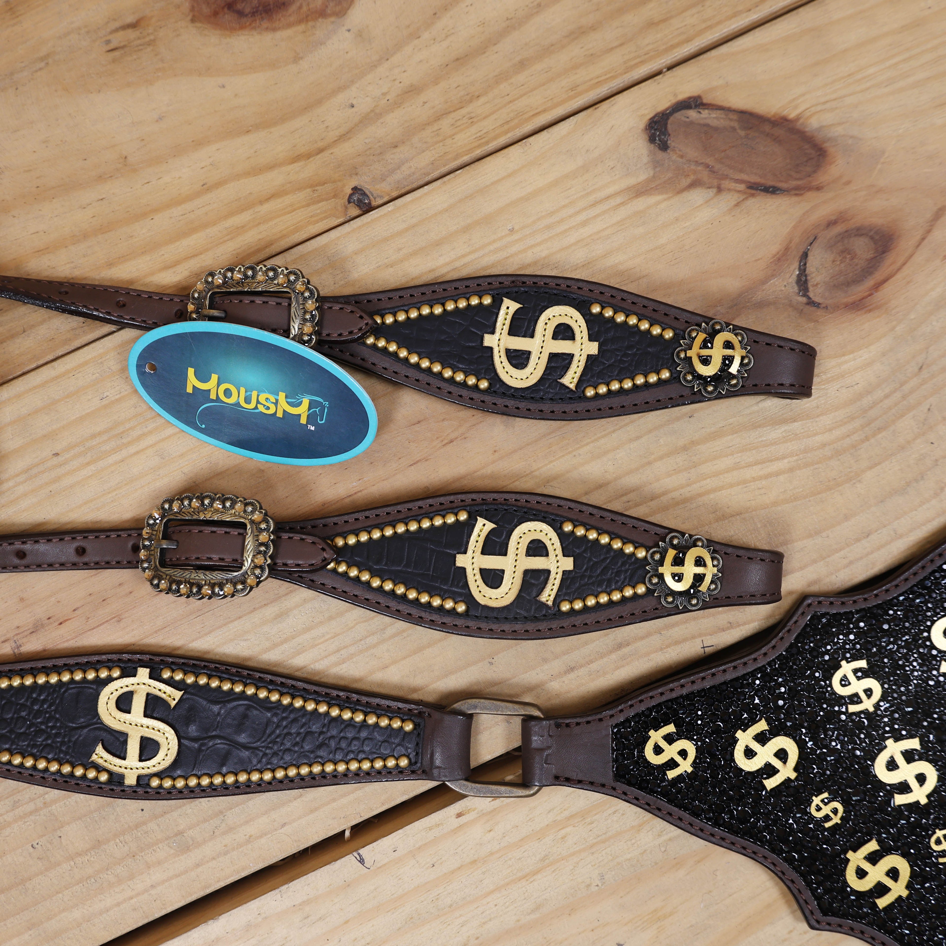 Western Horse Headstall Sets Millionaire Theme with 3D Golden Dollar Signs, Golden Studs, Dazzle Stone Work on Gladiator Breast Collar MOUSM