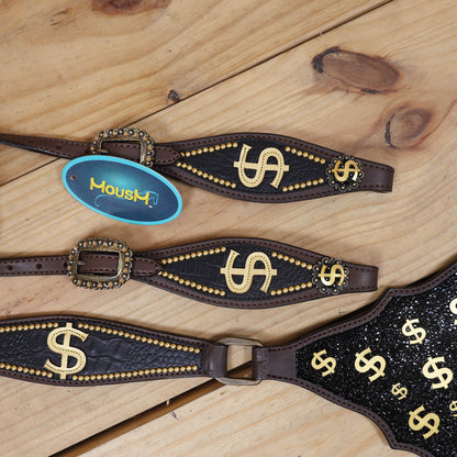 Western Horse Headstall Sets Millionaire Theme with 3D Golden Dollar Signs, Golden Studs, Dazzle Stone Work on Gladiator Breast Collar MOUSM