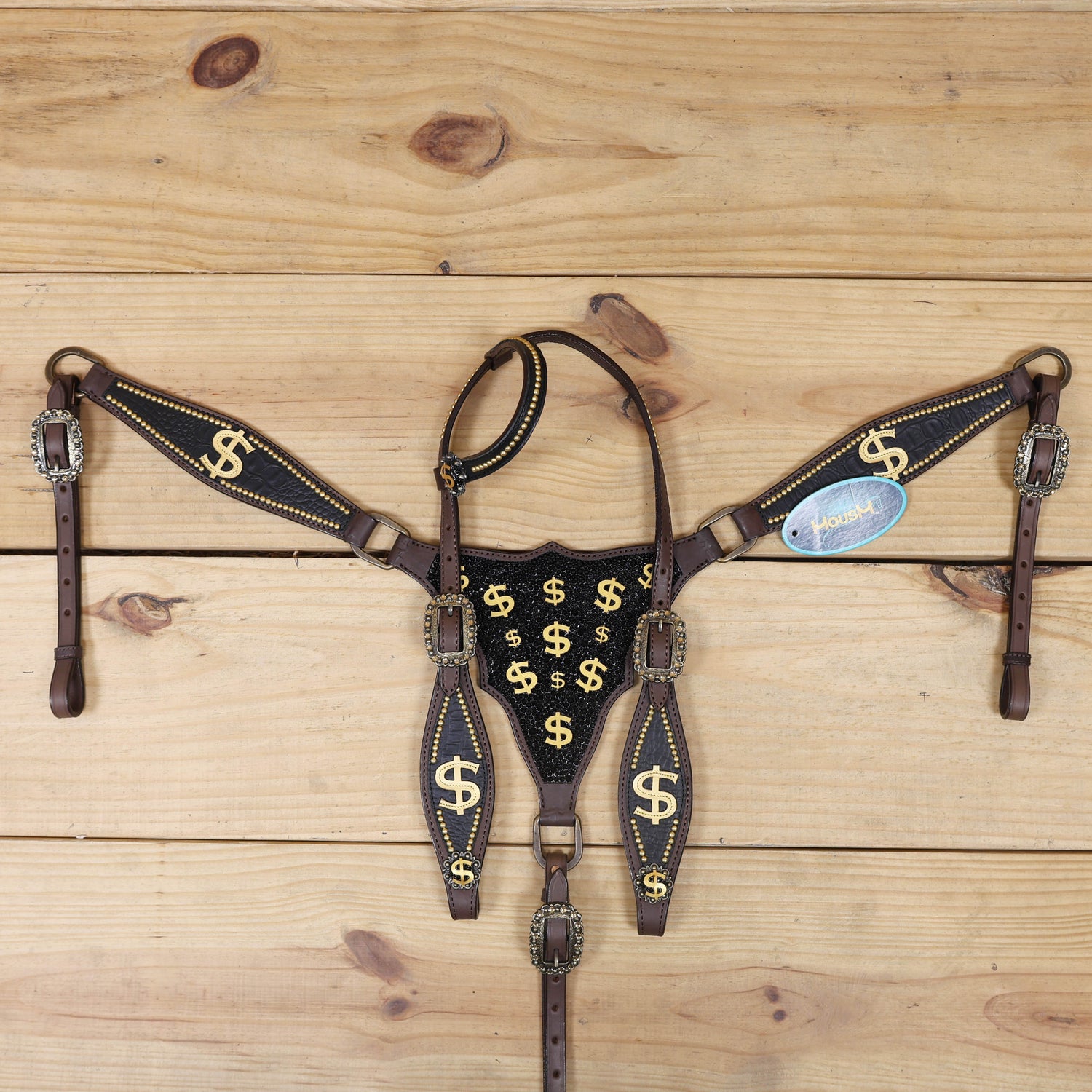 Western Horse Headstall Sets Millionaire Theme with 3D Golden Dollar Signs, Golden Studs, Dazzle Stone Work on Gladiator Breast Collar MOUSM