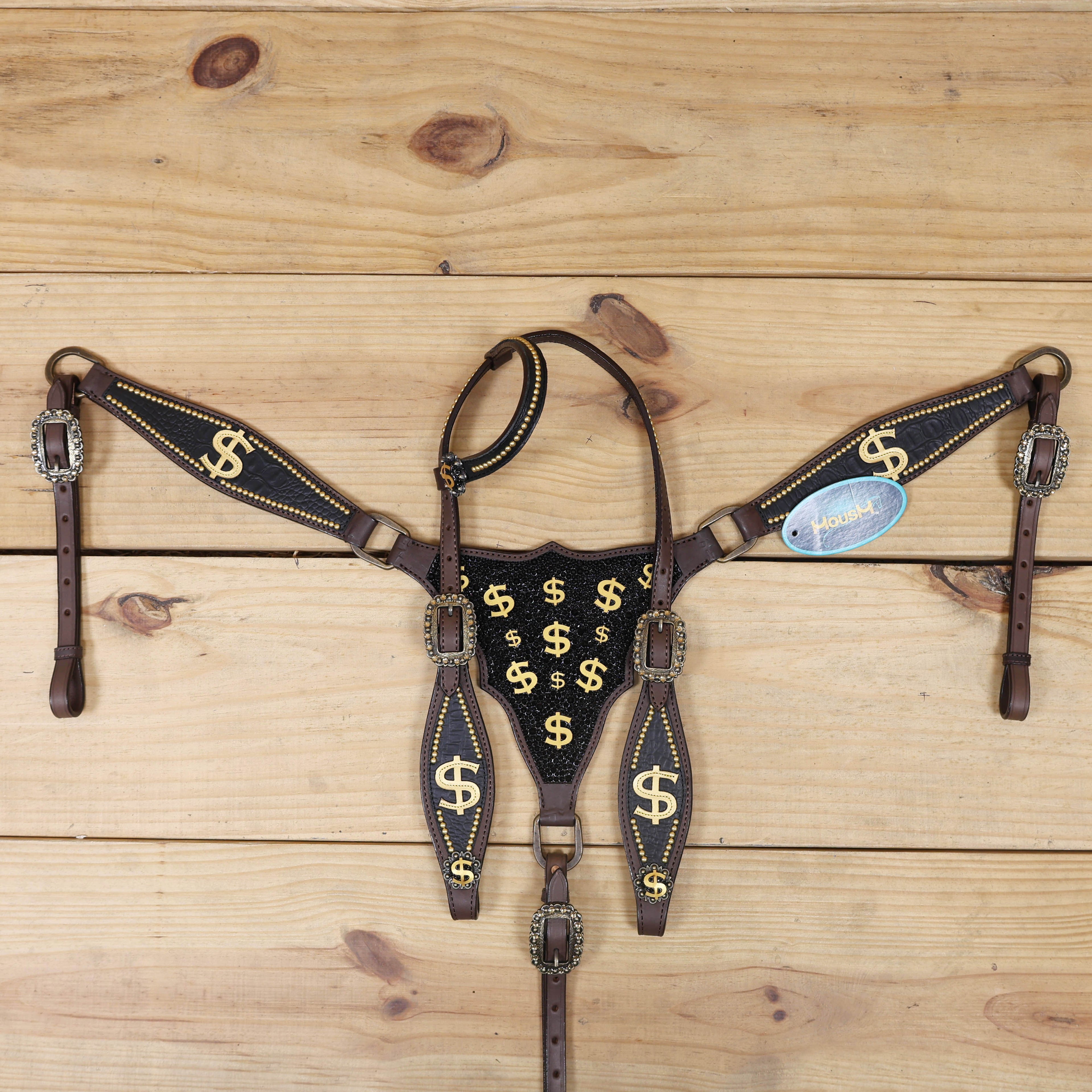 Western Horse Headstall Sets Millionaire Theme with 3D Golden Dollar Signs, Golden Studs, Dazzle Stone Work on Gladiator Breast Collar MOUSM