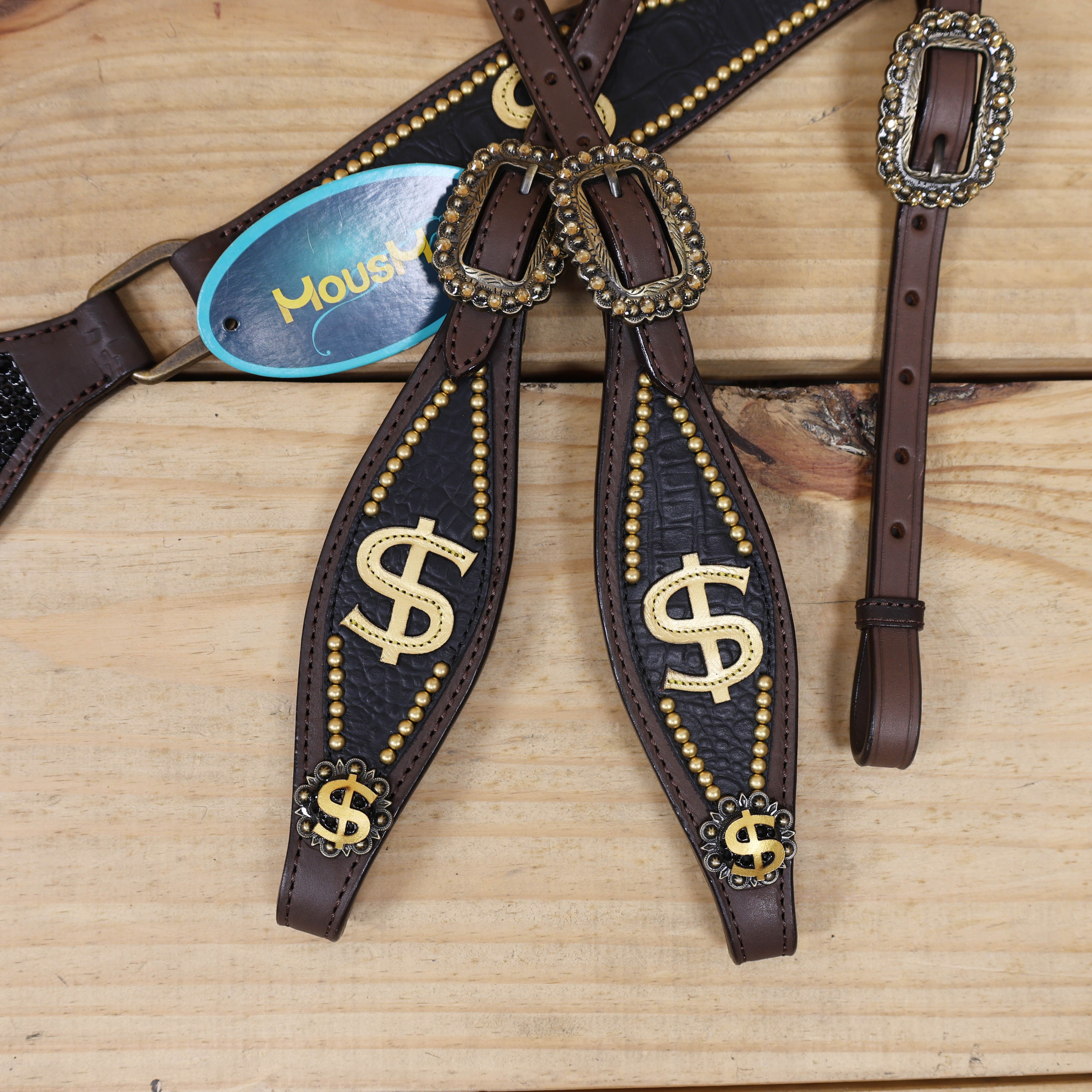 Western Horse Headstall Sets Millionaire Theme with 3D Golden Dollar Signs, Golden Studs, Dazzle Stone Work on Gladiator Breast Collar MOUSM