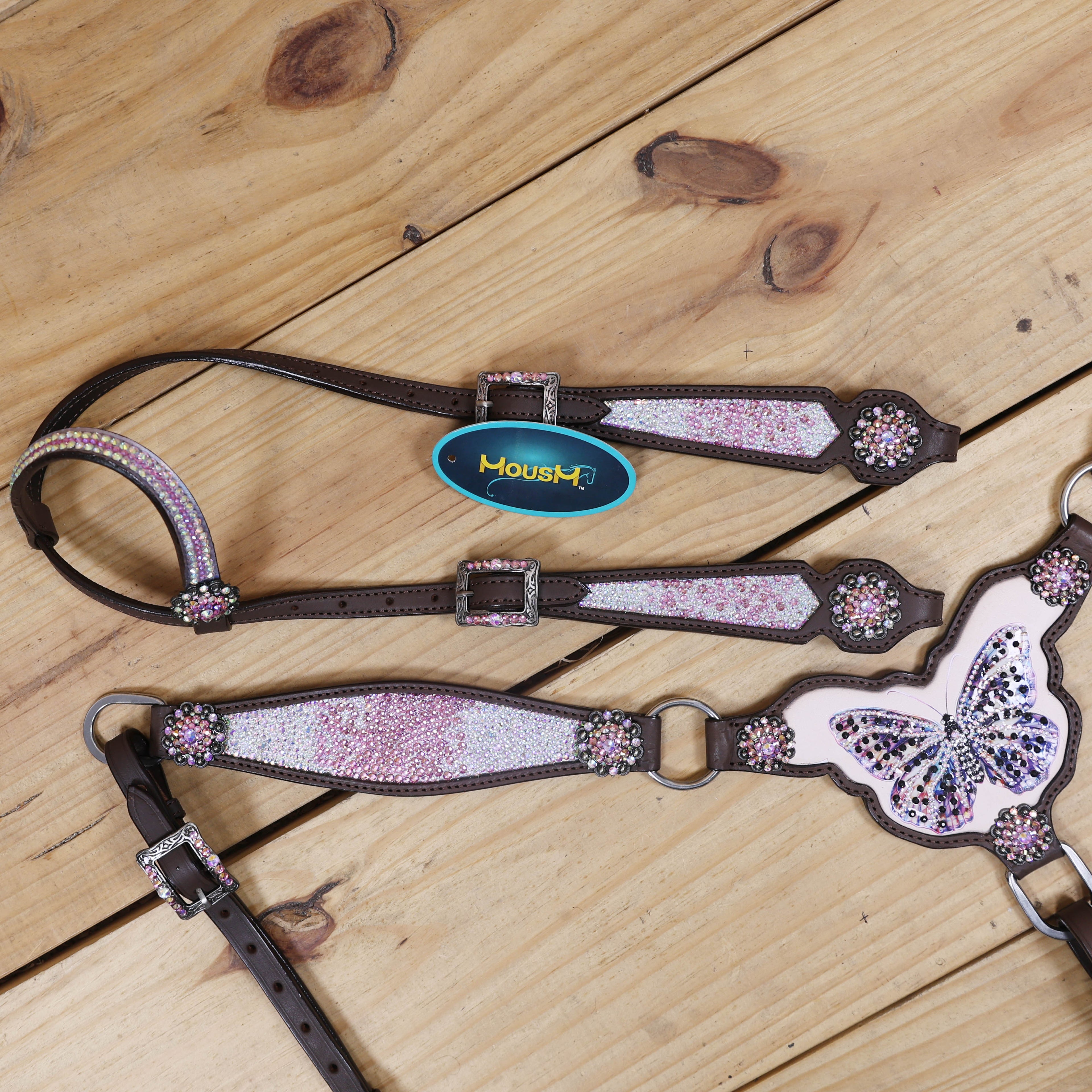 Western Horse Tack Set Decorated with Butterfly Print with Dazzle Pink and AB Stone Work on Gladiator Style Breast Collar and Rhinestone Berry Conchos MOUSM