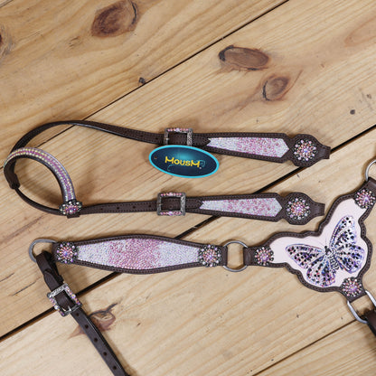 Western Horse Tack Set Decorated with Butterfly Print with Dazzle Pink and AB Stone Work on Gladiator Style Breast Collar and Rhinestone Berry Conchos MOUSM