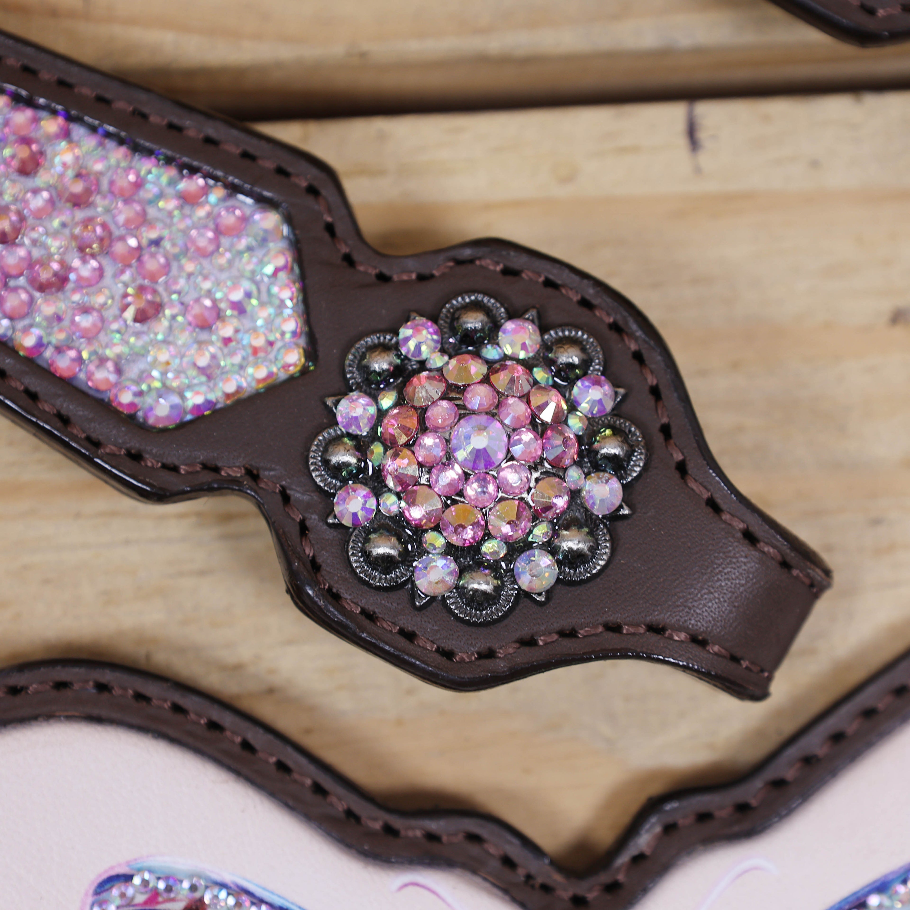 Western Horse Tack Set Decorated with Butterfly Print with Dazzle Pink and AB Stone Work on Gladiator Style Breast Collar and Rhinestone Berry Conchos MOUSM
