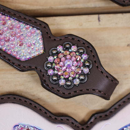 Western Horse Tack Set Decorated with Butterfly Print with Dazzle Pink and AB Stone Work on Gladiator Style Breast Collar and Rhinestone Berry Conchos MOUSM