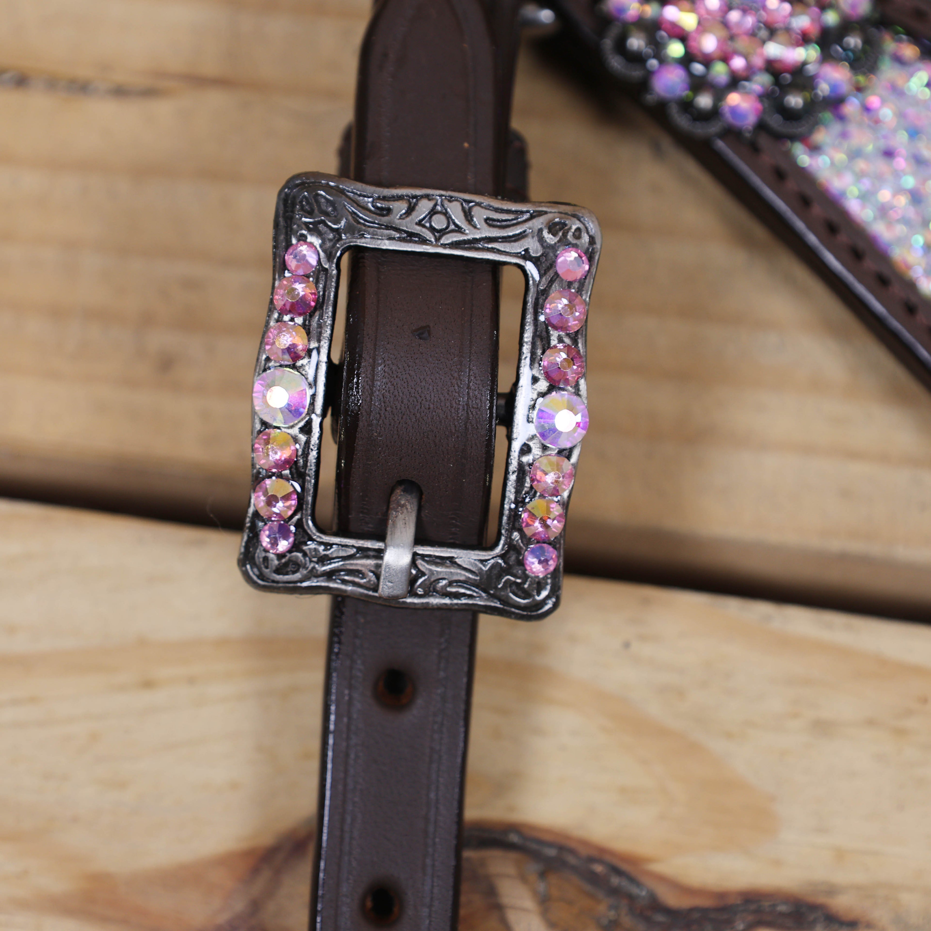 Western Horse Tack Set Decorated with Butterfly Print with Dazzle Pink and AB Stone Work on Gladiator Style Breast Collar and Rhinestone Berry Conchos MOUSM