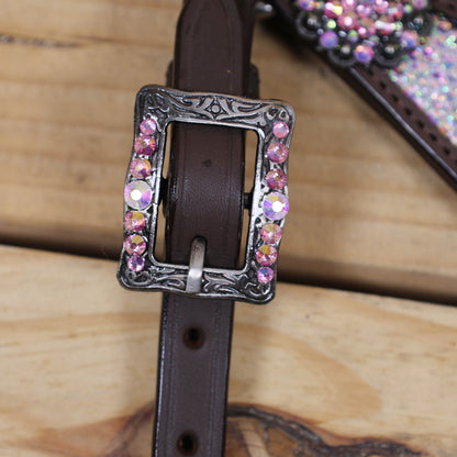 Western Horse Tack Set Decorated with Butterfly Print with Dazzle Pink and AB Stone Work on Gladiator Style Breast Collar and Rhinestone Berry Conchos MOUSM