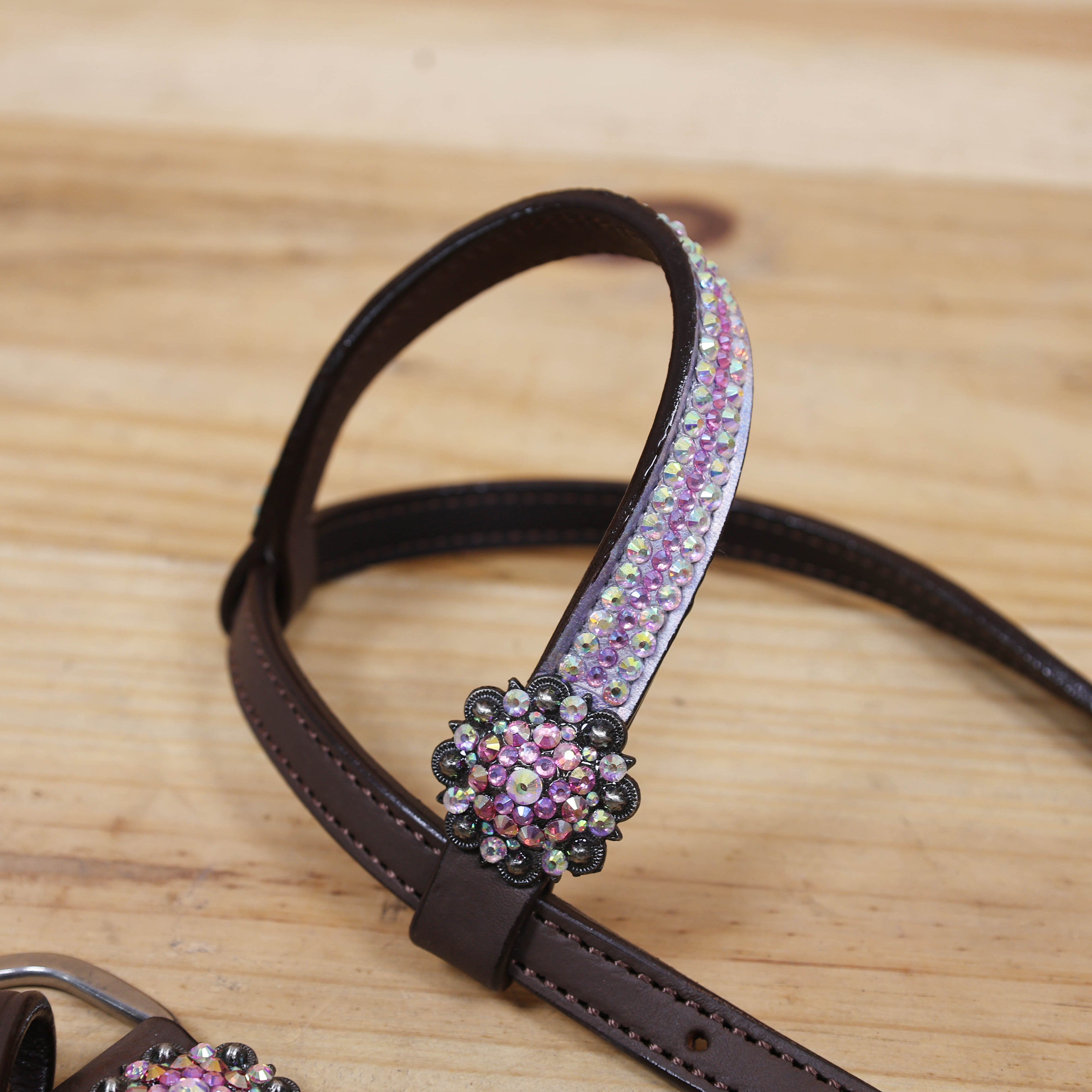 Western Horse Tack Set Decorated with Butterfly Print with Dazzle Pink and AB Stone Work on Gladiator Style Breast Collar and Rhinestone Berry Conchos MOUSM