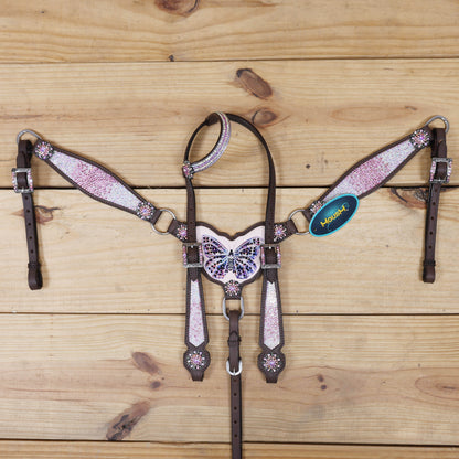Western Horse Tack Set Decorated with Butterfly Print with Dazzle Pink and AB Stone Work on Gladiator Style Breast Collar and Rhinestone Berry Conchos MOUSM